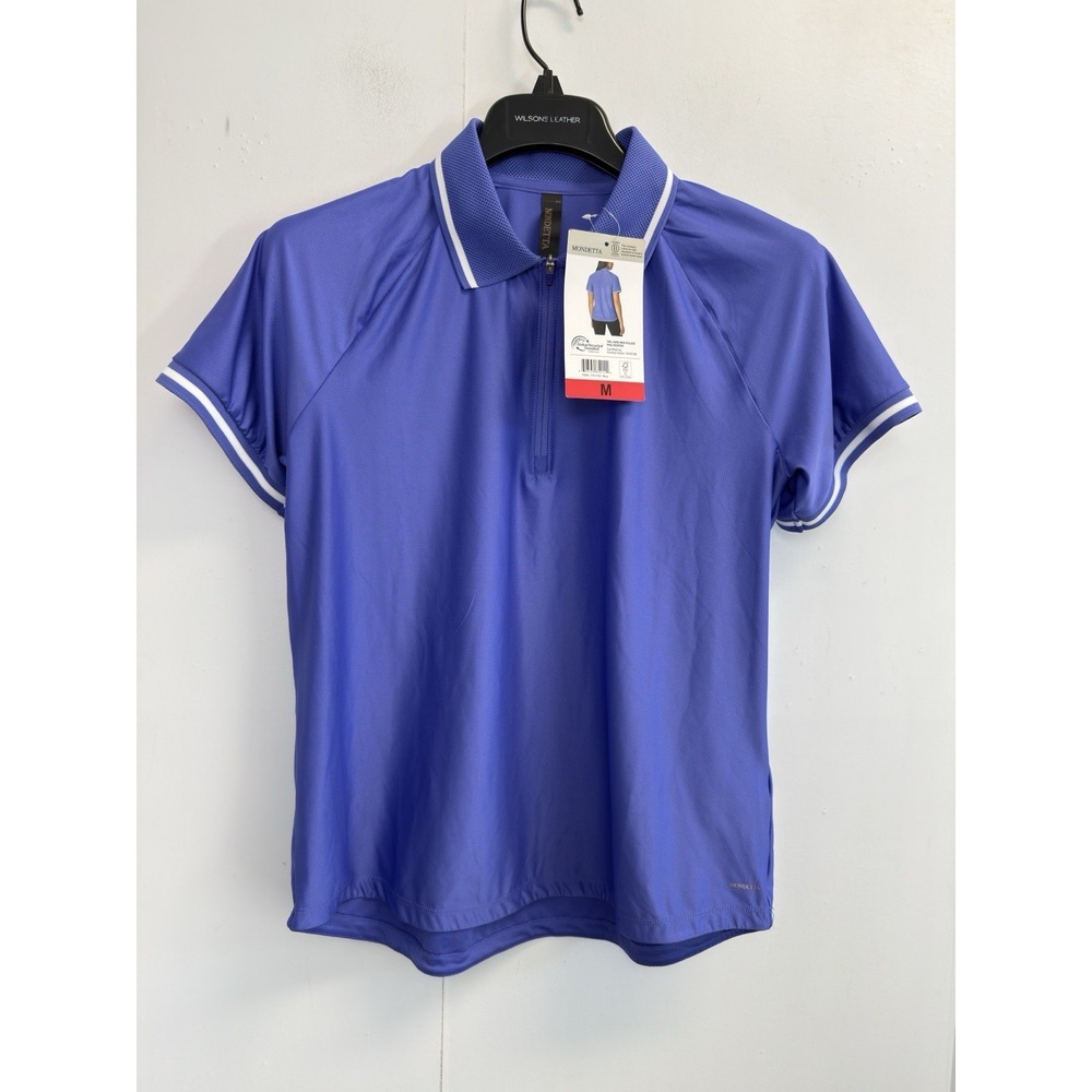 NWT Mondetta Women's Size M 1/4 ZIP Short Sleeve Polo Shirt Blue‎ White Trim